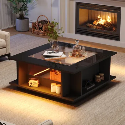 Image de Table basse Merax brillante avec plateau en verre et éclairage LED, table basse carrée avec compartiments ouverts, table d'appoint avec espace de rangement latéral, noir