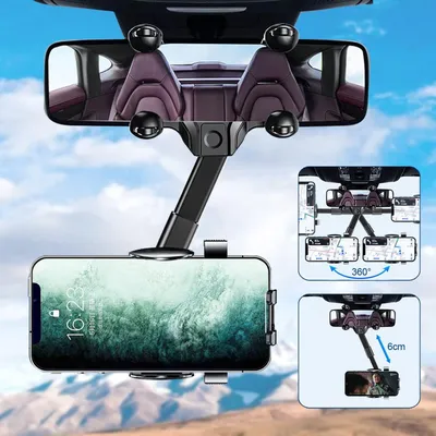 Obrázek produktu pro Držák telefonu do auta - Zpětné zrcátko - Otočný o 360 stupňů - ABS - Telefon 11 až 18 cm - Univerzální držák do auta na telefon