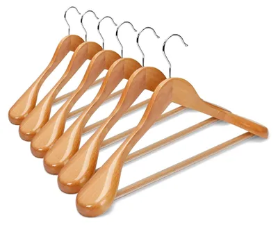 Produktbild von Breite Holzkleiderbügel Natur 6X rutschfest Stabil für Anzüge und Hosen