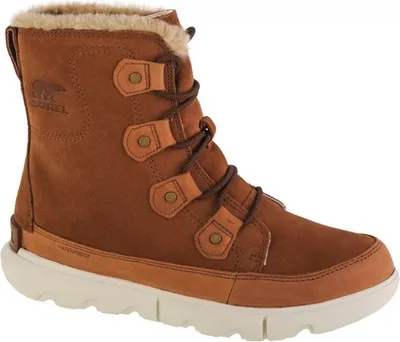 A single brown winter boot is shown against a white background.