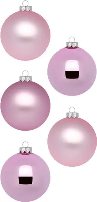 Five pink Christmas ornaments are arranged in a vertical, staggered pattern against a white background.