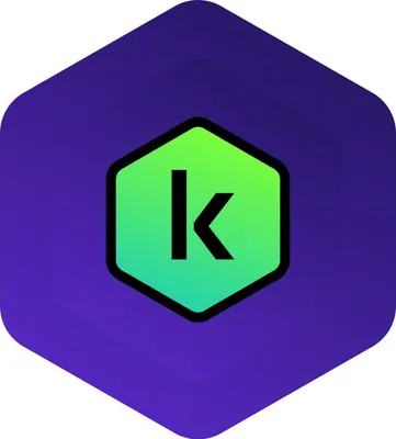 A hexagonal shape with a gradient from purple to green, containing a black letter 'k' in the center.