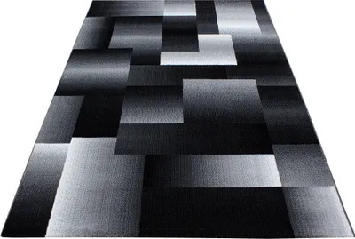 Produktbild von Kurzflor Teppich Wohnzimmer Schwarz 140x200 Rechteck Abstraktes Kariertes Design aus Polypropylen