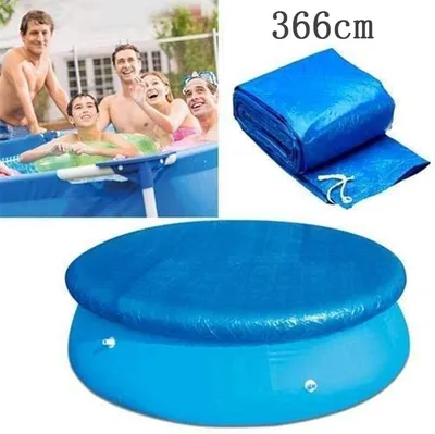 A collage showing a family in a pool, a folded pool cover, and a pool cover on an inflatable pool.