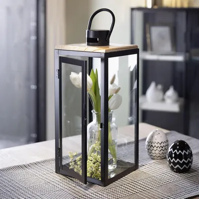Produktbild von Laterne Modern Metall, Holz & Glas 38cm – Windlicht