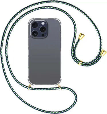 Produktbild von Handykette Backcover-Schutzhülle mit Band (Metall goldfarben) für iPhone 16 Pro - grün/blau/weiß