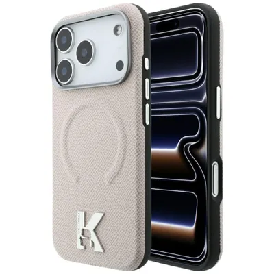 Produktbild von Karl Lagerfeld Cover iPhone 17 Pro Max / 18 Pro Max MagSafe Kunstleder geprägt beige Logo Metall