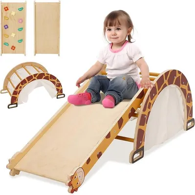 Imagen del producto de Estructura de juego de madera 5 en 1 con tobogán, rampa, túnel y barra para columpios
