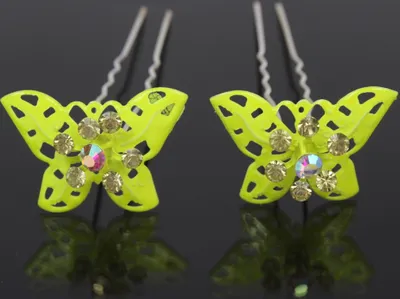 Produktbild von 2 große Haarnadeln Strass Schmetterling hairpins neon gelb