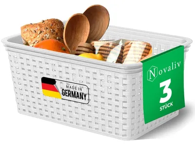 Produktbild von Novaliv 3er Set Lebensmittelechte Körbe Küche Aufbewahrung 5L Weiß Kunststoff Rattan-Optik Küche Aufbewahrung & Organisation BPA-Freie Lebensmittelaufbewahrungsbox für Teebeutel Snacks Gewürze