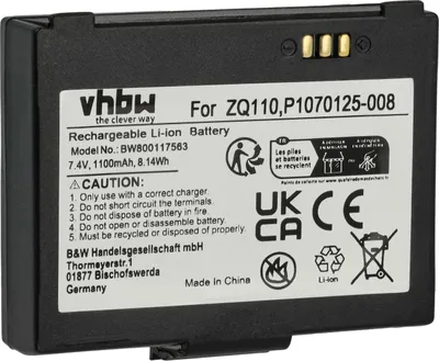 Produktbild von vhbw Akku kompatibel mit Zebra ZQ110, ZQ220, ZR128 Barcodescanner POS (1100 mAh, 7,4 V, Li-Ion)