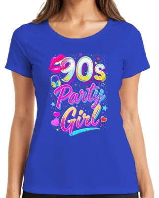 Produktbild von 90s Party Girl Neon Lippen Kopfhörer Herzen Sterne Retro 90er Damen T-Shirt, Blau, L