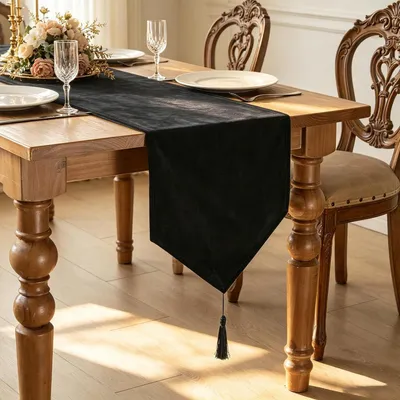 Immagine prodotto di Runner da tavolo nero con frange, 35 x 300 cm, in velluto