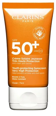 Immagine prodotto di Clarins Crema Solare Viso SPF 50+, crema solare, viso, tubetto, protezione, tutti i tipi di pelle, 50 ml