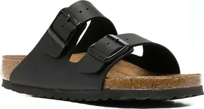 A black Birkenstock Arizona sandal is shown from the side on a white background.