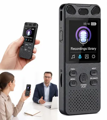 Produktbild von KI Diktiergerät 16GB, digitaler Sprachrekorder mit 100 Stunden Aufnahmezeit, Line-In und TF-Karten Unterstützung, 3-fach Mikrofon Audio Recorder für Meetings und Interviews