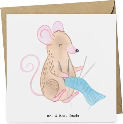 Produktbild von Mr. & Mrs. Panda Grußkarte Maus Stricken - Weiß - Geschenk, anlasskarte, doppelkarte, DIY, Glückwunschkarte, Klappkarte, faltkarte