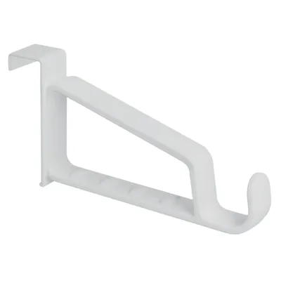 A white over-the-door hook against a white background.