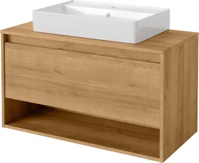 Produktbild von FACKELMANN Natura Badmöbel Set 2 Teile / Keramik Waschbecken / Waschbeckenunterschrank mit Schublade / hochwertiger Badschrank mit Soft-Close-System / Korpus & Front: Braun / Breite: 94 cm