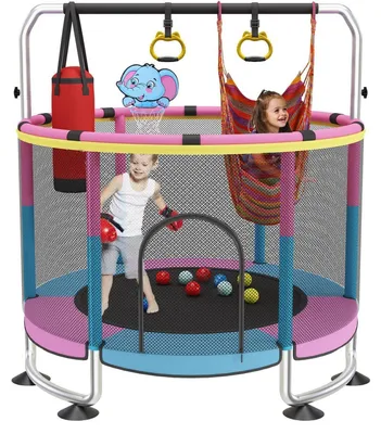 Produktbild von Trampolin Kinder 150cm Outdoor/Indoor Rosa mit Basketballkorb & Gehäuse 200kg belastbar