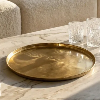 Produktbild von Dekotablett aus Aluminium, gold, rund, strukturierte Oberfläche, L.58 cm