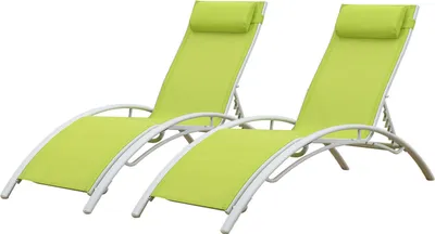 Two green lounge chairs with white frames on a white background.