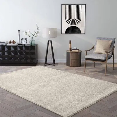 Produktbild von Unyqoos® Niedrigflor-Teppich Creme 80×150 cm, Polyester – weich, pflegeleicht, allergikerfreundlich, für Fußbodenheizung, Wohn- & Schlafzimmer
