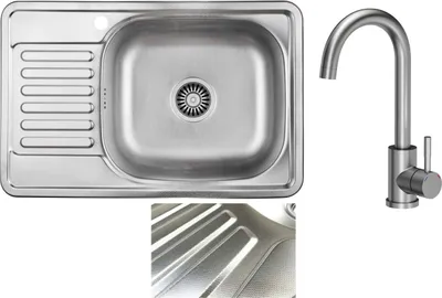 Immagine prodotto di VBChome Lavello da incasso con rubinetto 66x42 Struttura in acciaio inox con finitura ruvida Sinistra  Lavello da cucina Lavello Superficie di appoggio Gocciolatoio Sinistra Angolare Set di scarico per campeggio Sifone Rubinetto Inox Acciaio inox
