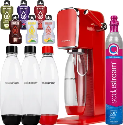 Produktbild von SodaStream Wassersprudler Art Red eine Flasche + SodaStream 1L Fuse Flaschen Doppelpack Schwarz