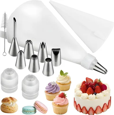 Produktbild von Spritzbeutel mit Tš¹llen Set 12-teilig, 7 Spritztš¹llen Set Edelstahl, 2 Profi Spritzbeutel Wiederverwendbar Baumwoll 40cm - Premium Backzubeh?r fš¹r Torten, Cupcakes, Kekse - Torten Zubeh?r