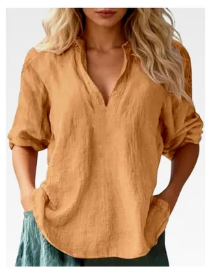 Produktbild von Leinenbluse Damen 3/4 Sommer Musselin Bluse V-Ausschnitt Einfarbig Oversized Blusehemd Bequem Atmungsaktiv Lang Leinenhemd Tops Urlaub Oberteile Blusenshirt