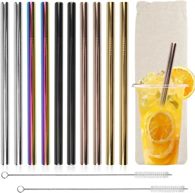 Produktbild von Edelstahl Trinkhalme 10 Stück, 12 mm, für Bubble Tea, 21,5 cm, mit 2 Bürsten, Metall