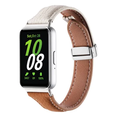 Image de Bracelet en cuir pour Samsung Galaxy Fit 3, texture litchi, boucle magnétique, blanc / marron