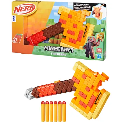A product shot of a Nerf Minecraft Firebrand axe toy and its packaging, along with several darts.