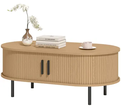 Produktbild von Ovaler Couchtisch aus Holz, moderner Wohnzimmertisch mit Schiebetš¹ren und verstecktem Stauraum, 100 x 55 x 40 cm, Naturholz