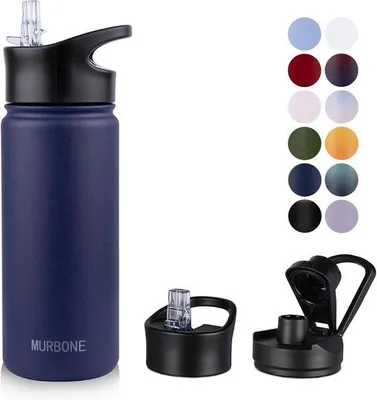 Productafbeelding van Roestvrijstalen waterfles 750 ml met 2 deksels en rietje, BPA-vrij, thermosfles, lekvrij