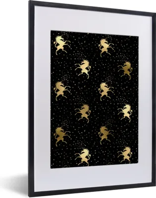 Produktbild von MuchoWow® Gerahmtes Poster Muster - Einhorn - Gold 30x40 cm - Poster mit Schwarzem Bilderrahmen Wandposter Rahmen Foto Bilder - Wandposter Schlafzimmer