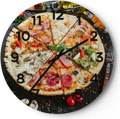 Produktbild von Wanduhr - Rund - Glasuhr - Pizza Käse Tomaten - 30x30cm - Schleichendes Uhrwerk - Lautlos - zum Aufhängen bereit - Dekoration Modern - Wanddekoration aus Glas - C4AR30x30-4118