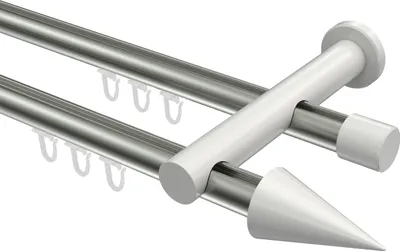 Produktbild von Interdeco Innenlaufstange / Gardinenstange mit Innenlauf Edelstahl-Optik / Weiß, Typ Platon Savio (Kegel), 20 mm Ø 2-läufig, 160 cm