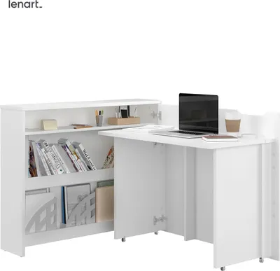 Produktbild von Klappbarer Schreibtisch Lenart WORK CONCEPT CW-01P (Rechts) WEIß MATT Ausziehbarer Computertisch auf Rollen, Regale, Büroschreibtisch, Eckschreibtisch, Freistehender Schreibtisch