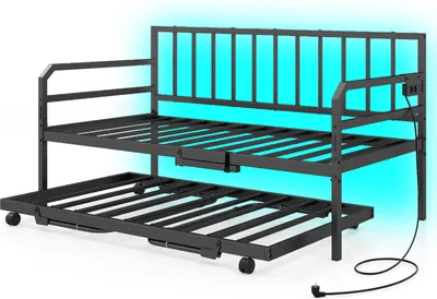 Produktbild von COSTWAY Tagesbett 90x200cm, Schlafsofa mit Ausziehbett, Jugendbett mit LED-Lichtern, Ladestation & Lattenrost aus Metall, ohne Matratze, Schwarz