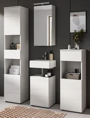 Immagine prodotto di Set di mobili da bagno 4 pezzi "Larik" in bianco lucido Combinazione bagno 144 x 190 cm