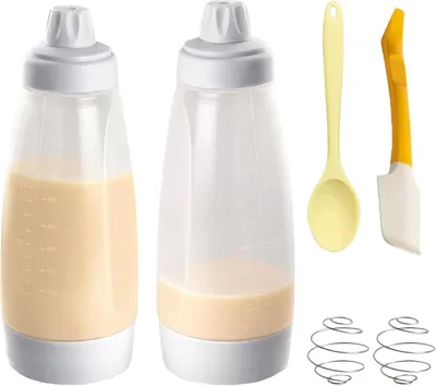Produktbild von Teigspender, 2 Stück Quetschflasche für Pancakes & Muffins, Teigportionierer mit Deckel und Skala, Teigspritze für Waffeln, Crepes, Cupcakes, inkl. Silikonspatel