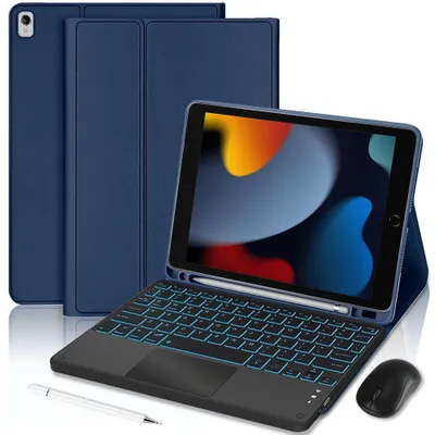 Image de Coque Clavier pour iPad 10,2 Pouces (7/8/9ème Génération) CuirPolyuréthaneBleu Foncé avec Clavier, Souris et Stylet