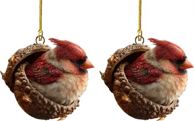 Two identical ornaments of a cardinal bird nestled in an acorn cap, hanging against a white background.