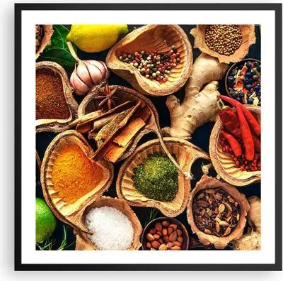 Produktbild von Gerahmtes Poster - Schwarzer Rahmen - Küche Essen Kräuter Gewürze - 60x60 cm - Wand Bild - Wanddeko - Wandbilder - Wandposter - Bilderrahmen - Bilder - Kunstdruck - Wandbild - P2BAC60x60-2844