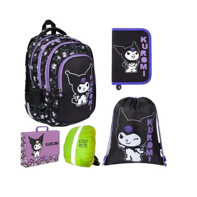 Produktbild von Goldkids - Schulranzen für Jungen und Mädchen, 5er-Set - Schul-Rucksack für Kinder mit Federmäppchen - Schuhbeutel und Regenschutz - Kuromi Motiv