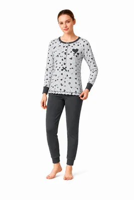 Produktbild von Damen Winter Thermo Pyjama Set Lang Schlafanzug Grau