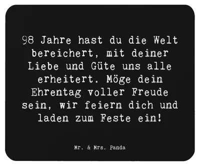 Produktbild von Mr. & Mrs. Panda Mauspad Spruch 98. Geburtstag - Schwarz - Geschenk, Geburtstagsgeschenk, unvergesslich, pc mousepad, Mouse Pad, mousematte, feiern, mausteppich, Feier