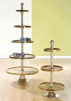 Zdjęcie produktu dla Gilde Etagere, Aluminium, Mangoholz, naturfarben, silberfarben, VE 1, L. 73 cm, B. 73 cm, H. 173 cm 48120